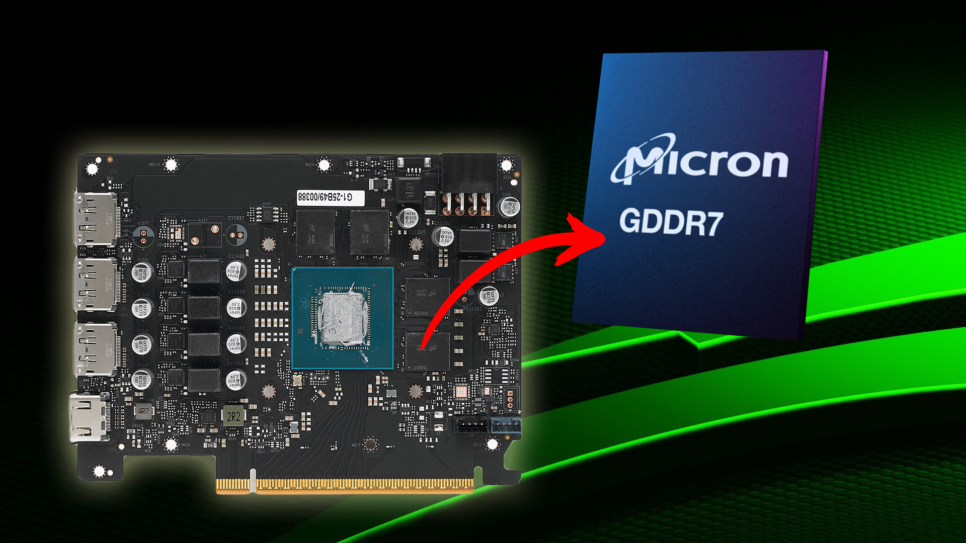 PCB d'une carte graphique avec une flèche pointant vers une puce Micron étiquetée GDDR7