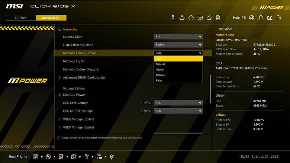 L interface MSI Click BIOS X affiche les paramètres mémoire et tension d une carte mère B650 M-POWER avec un processeur AMD Ryzen 7 9800X3D à 4,70 GHz.