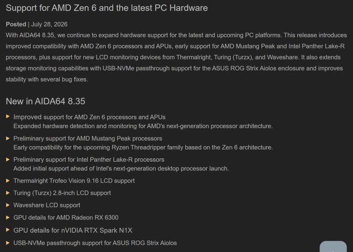 Capture d'écran des notes de version d'AIDA64 8.35, avec la mention du support pour AMD Zen 6.