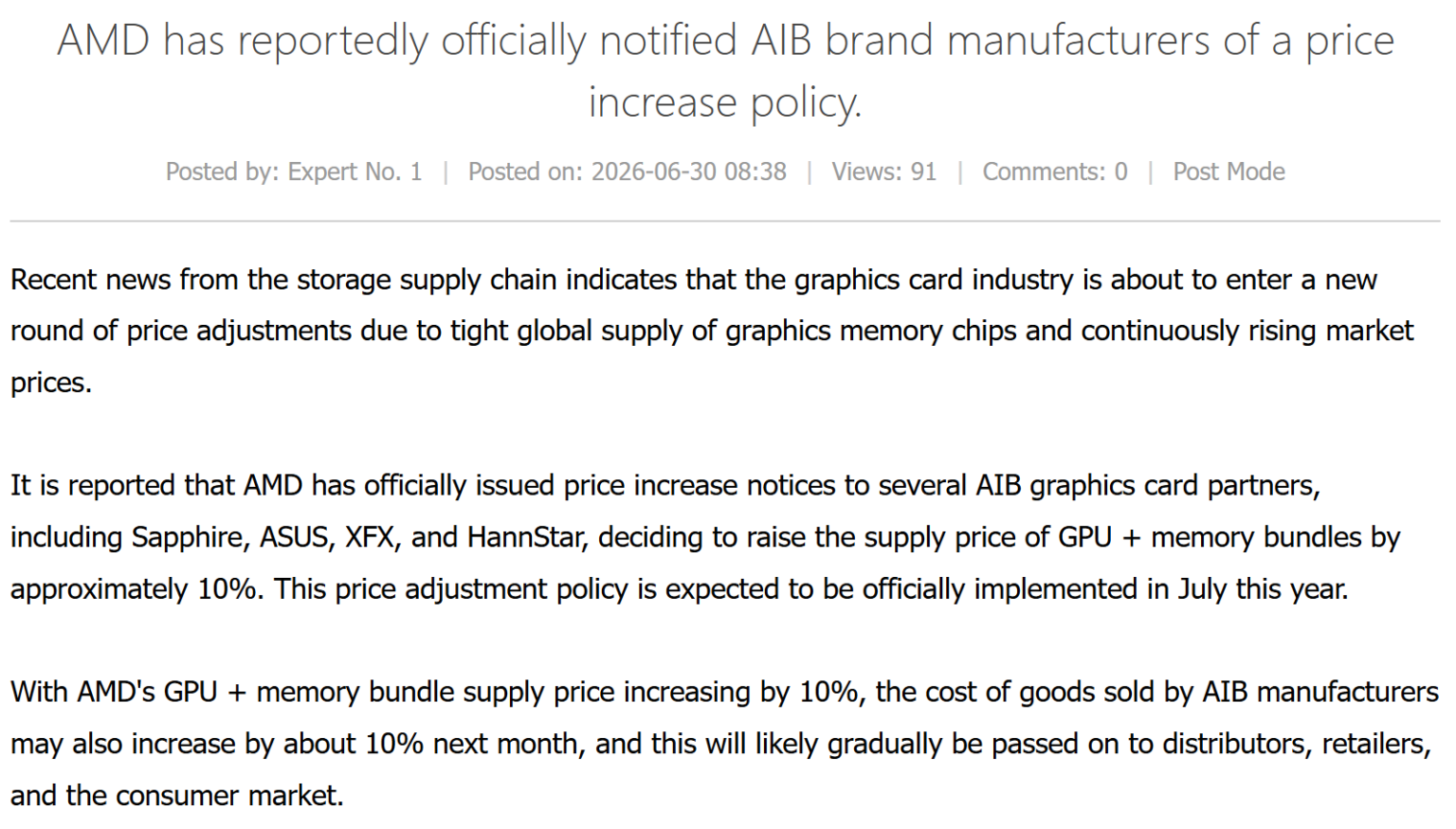 La page web détaille la notification d'AMD aux fabricants AIB concernant une politique d'augmentation des prix pour les lots GPU et mémoire, affectant des partenaires comme Sapphire, ASUS, XFX et HannStar.