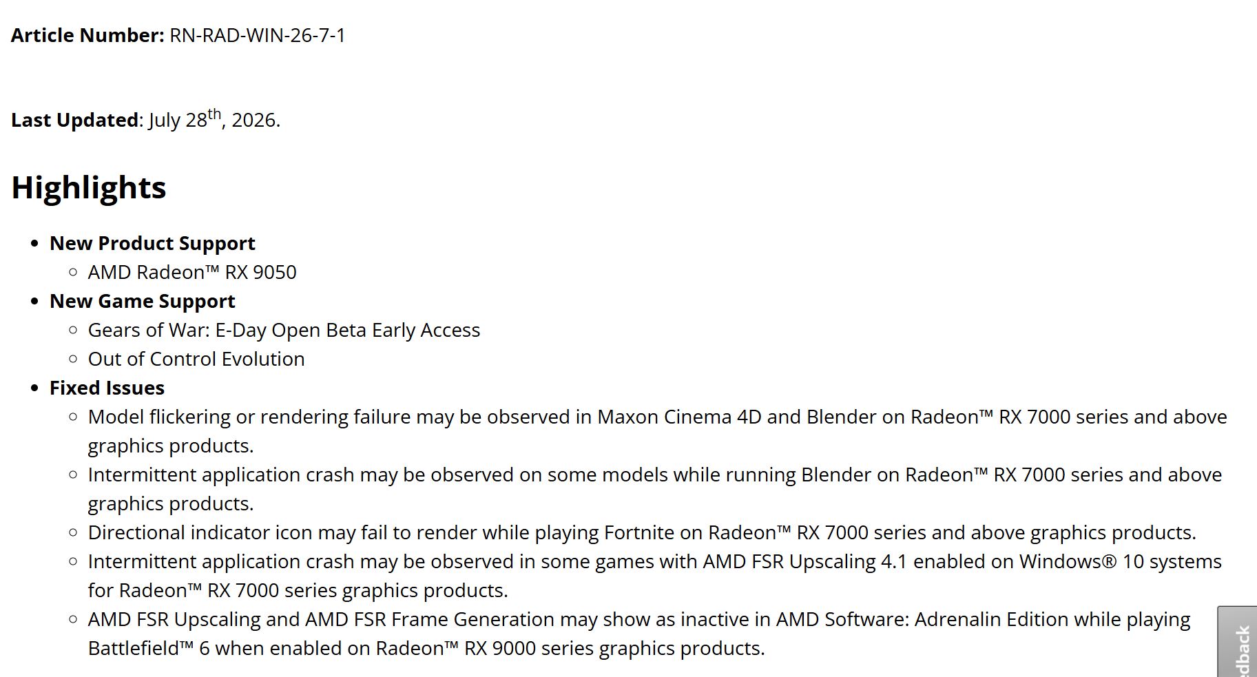 Liste des points forts d'une mise à jour logicielle AMD Radeon, incluant le support du nouveau produit AMD Radeon RX 9050, le support des jeux Gears of War: E-Day Open Beta Early Access et Out of Control Evolution, et la résolution de problèmes liés aux séries Radeon RX 7000 et RX 9000.