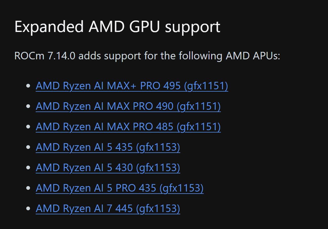 La liste du support matériel étendu dans ROCm 7.14.0 pour les APU AMD, incluant les Ryzen AI MAX+ PRO 495, Ryzen AI MAX PRO 490, Ryzen AI MAX PRO 485, Ryzen AI 5 435, Ryzen AI 5 430, Ryzen AI 5 PRO 435, et Ryzen AI 7 445.