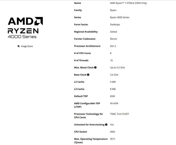 Spécifications du AMD Ryzen 7 4700LE de la série Ryzen 4000 : 8 cœurs, 16 threads, fréquence de boost max à 4,2 GHz, fréquence de base à 3,6 GHz, TDP 65W et socket AM4.