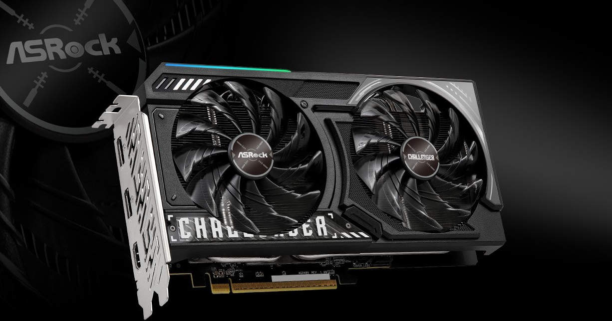Carte graphique ASRock Challenger avec double ventilateur, design de refroidissement sur fond sombre.