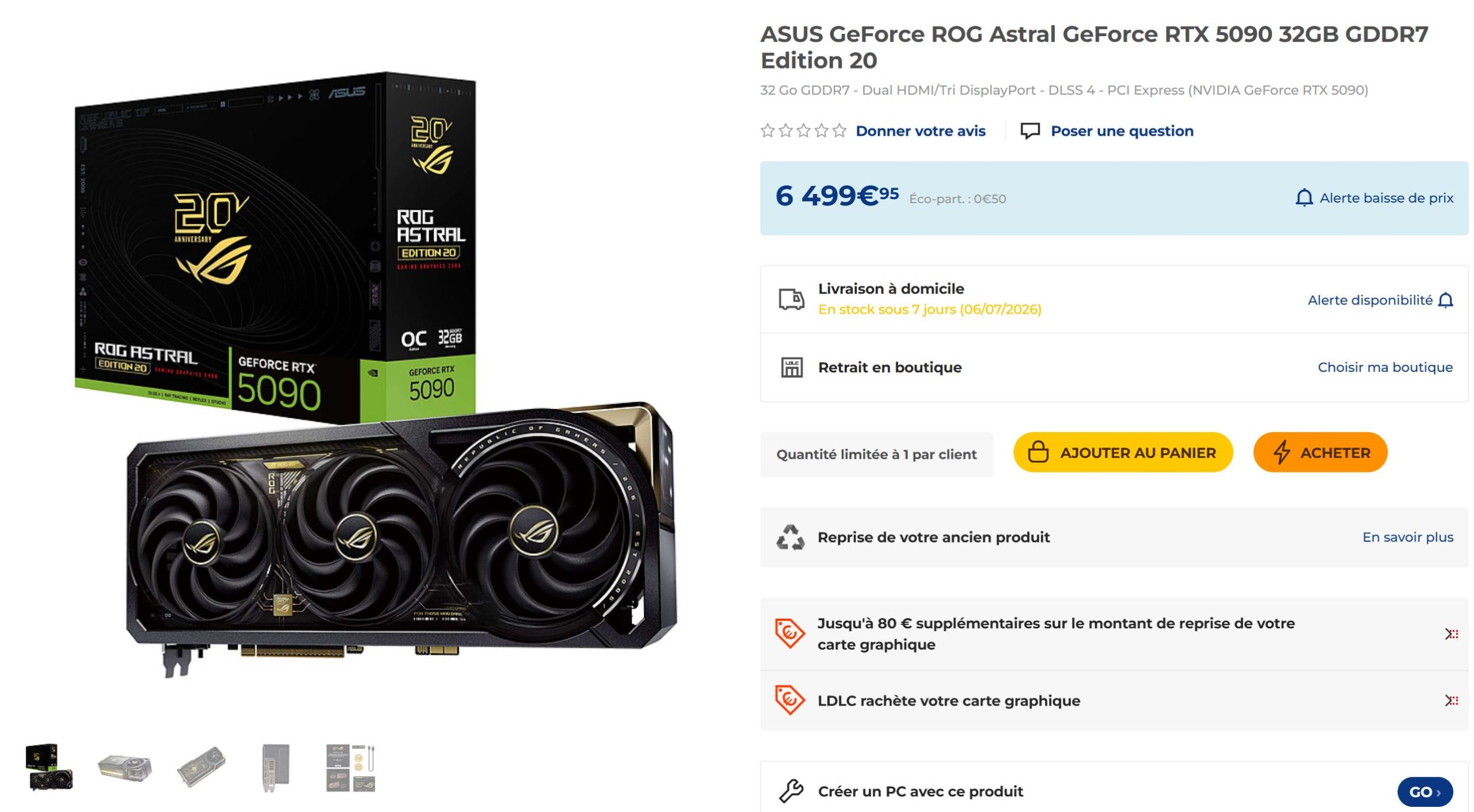La carte graphique ASUS GeForce ROG Astral RTX 5090 32GB GDDR7 est présentée avec son emballage, à côté d'une capture d'écran d'une liste en ligne affichant un prix de 6 499,95 euros.