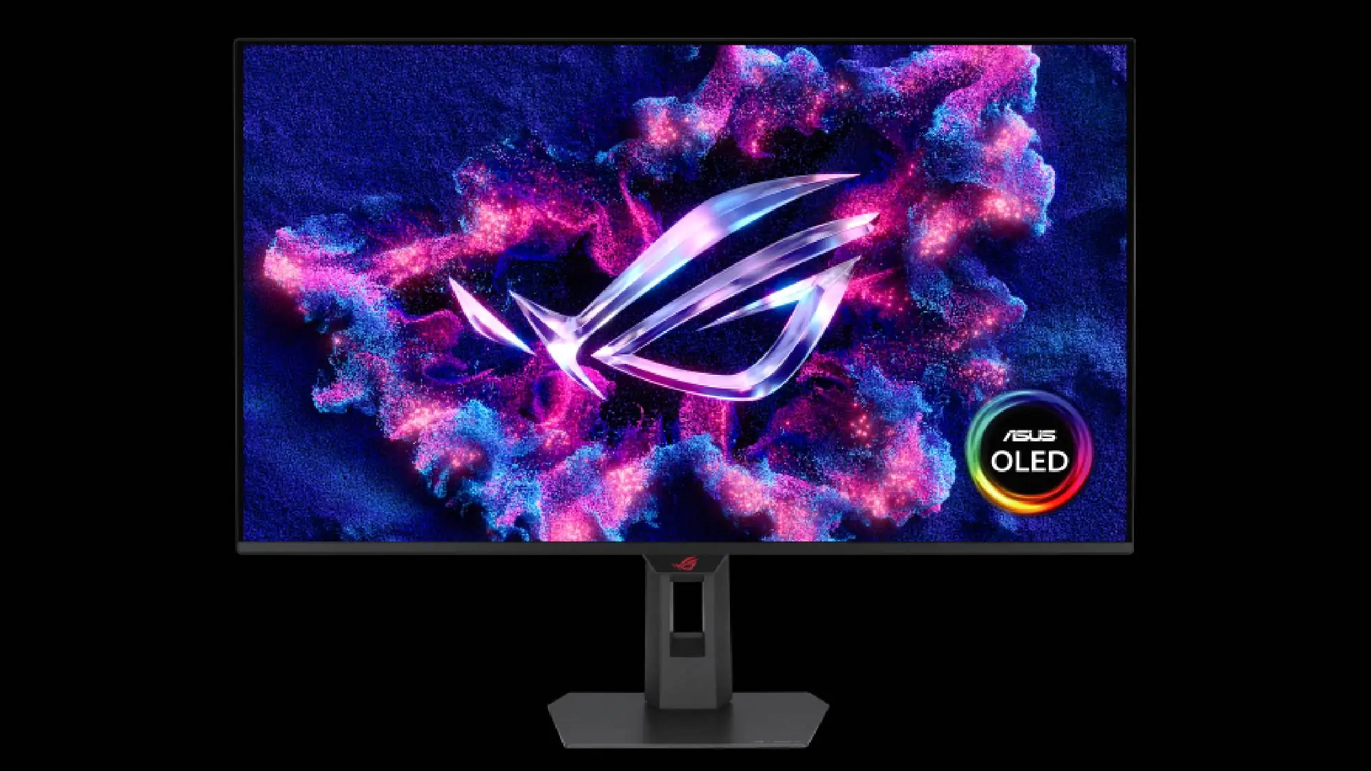 Un moniteur ASUS ROG affichant un motif cosmique avec le logo 'ASUS OLED' visible.