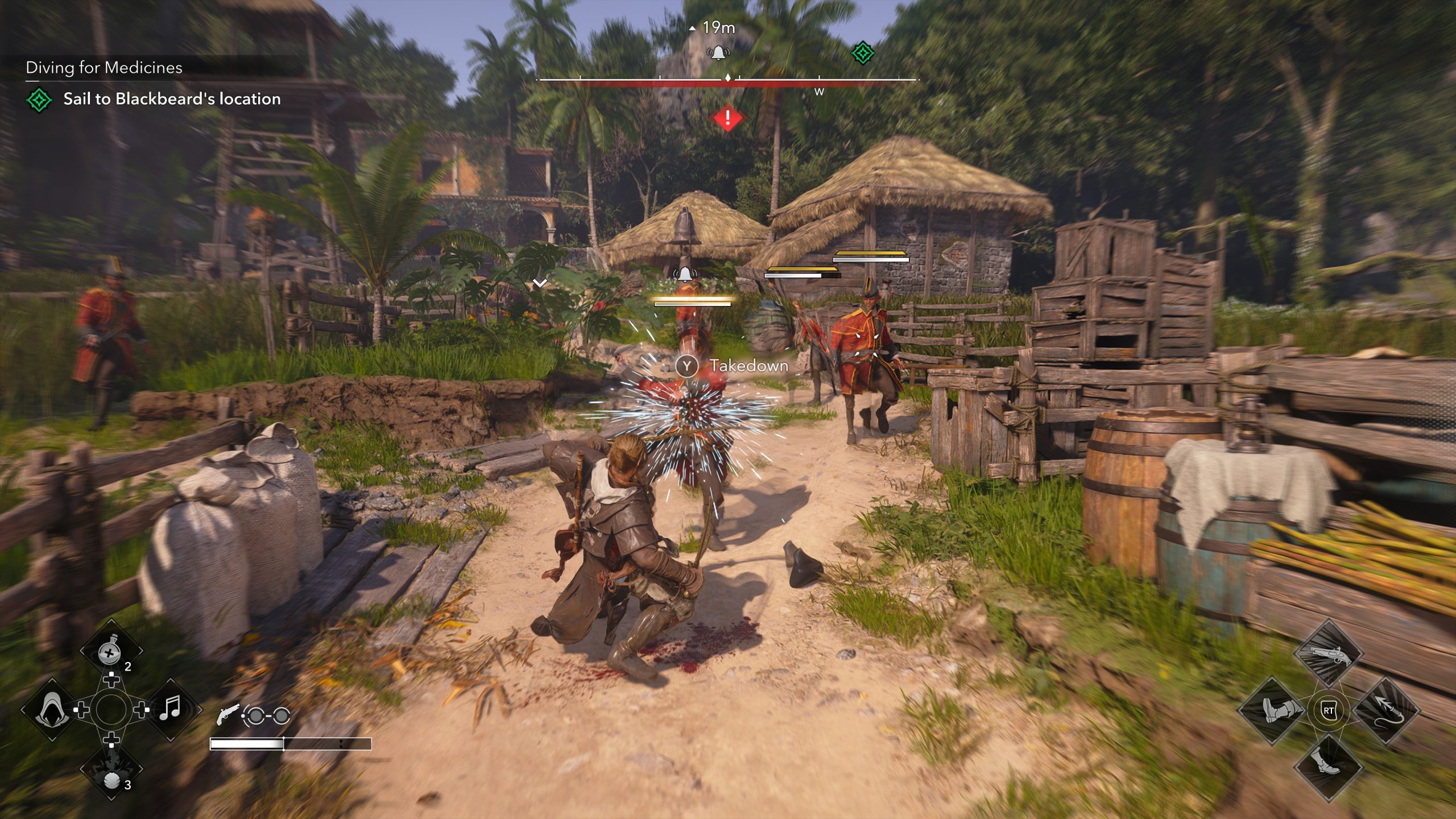 Un personnage dans Assassin's Creed Mirage exécute un 'Takedown' sur un ennemi dans un village, avec l'objectif 'Naviguer vers la localisation de Barbe Noire' affiché.