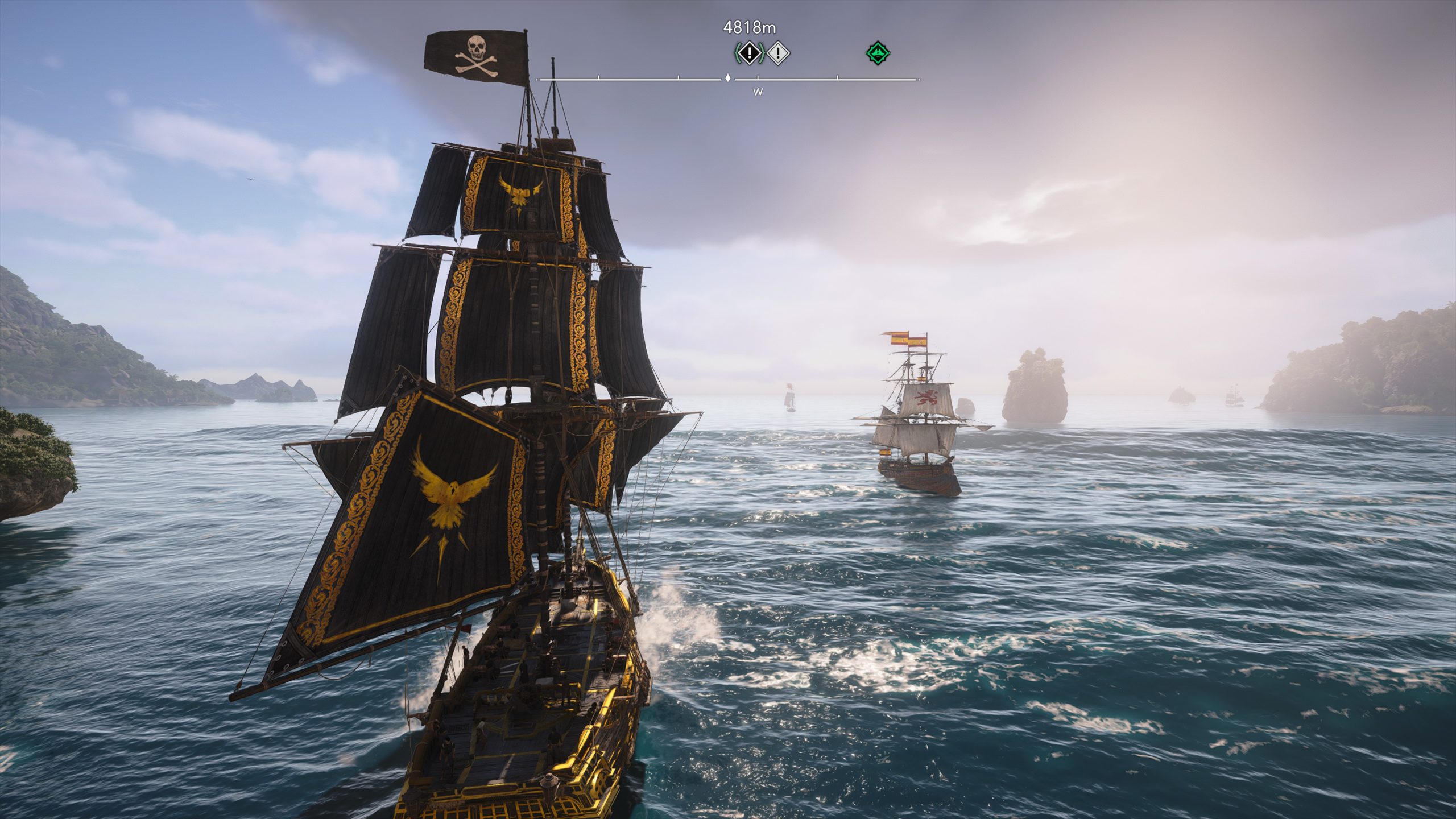 Un navire pirate aux voiles noires navigue sur l'océan dans Assassin's Creed Black Flag Resynced.