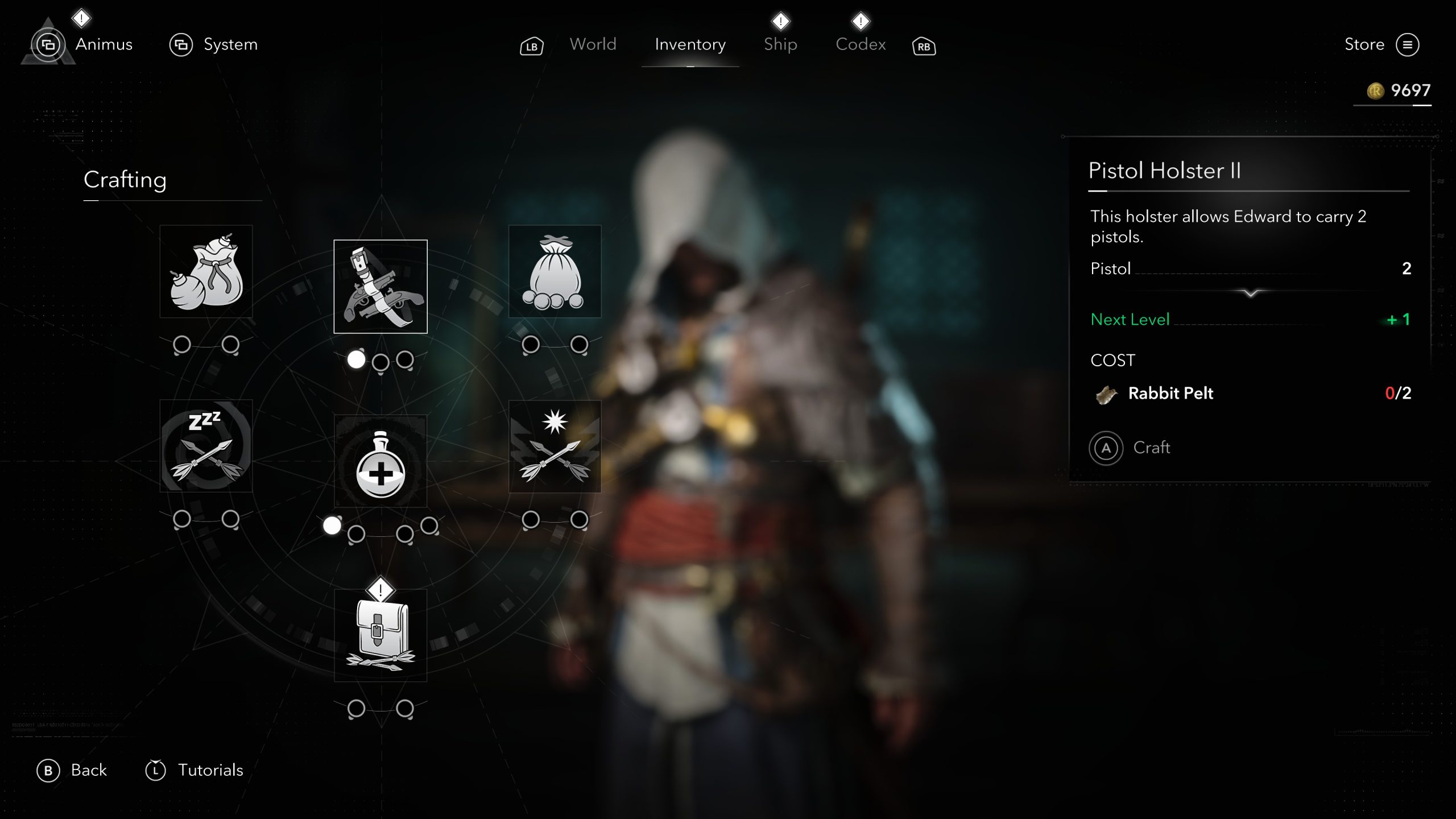 L'interface de fabrication dans Assassin's Creed Black Flag Resynced montre le menu pour améliorer le holster de pistolets, nécessitant deux peaux de lapin.