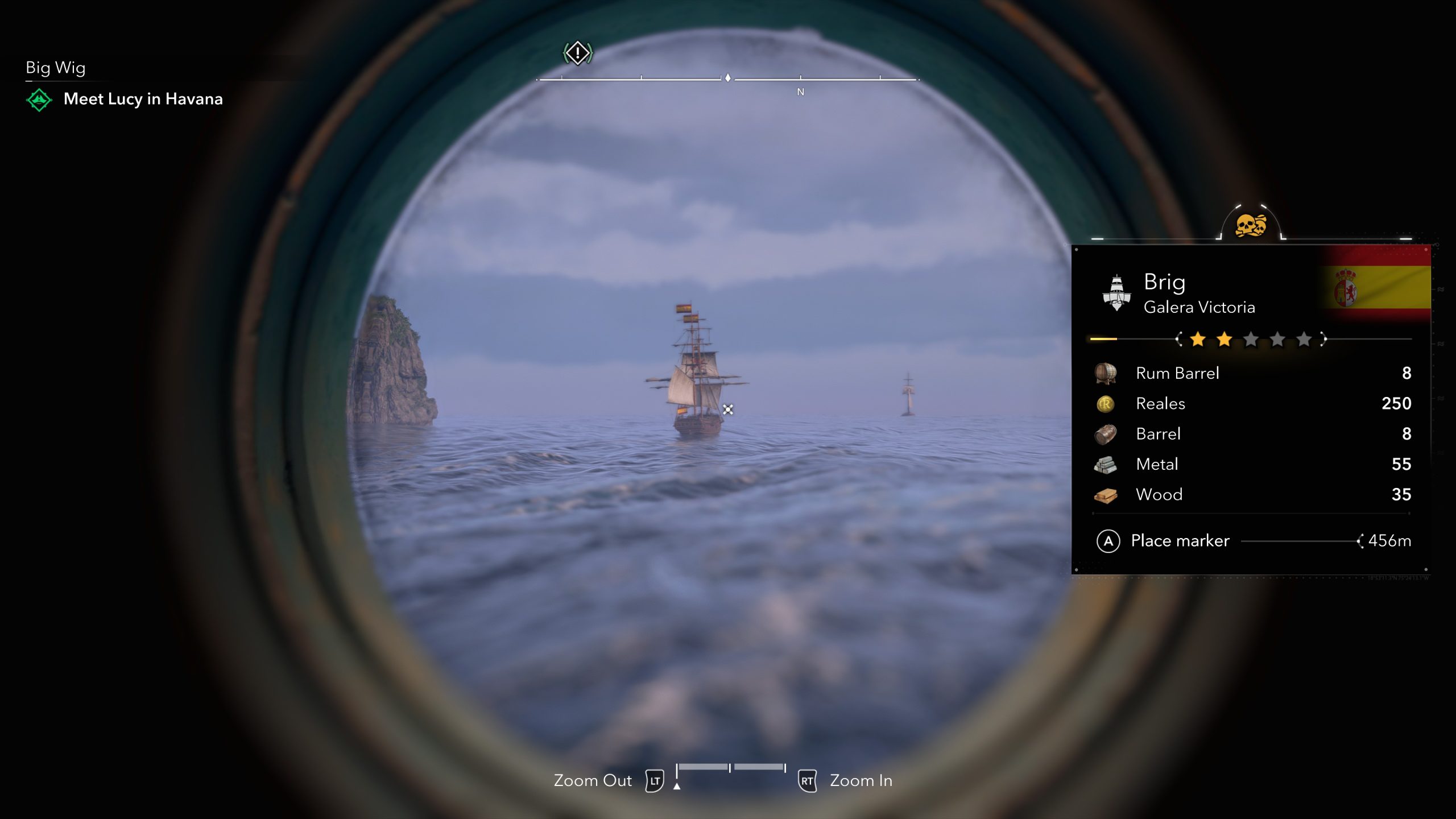 Une scène du jeu Assassin's Creed Black Flag Resynced montrant un navire vu à travers une longue-vue avec une fiche d'information détaillant le navire Brig Galera Victoria, sa cote d'étoiles et les détails de sa cargaison, tandis que l'objectif 'Rencontrer Lucy à La Havane' s'affiche.