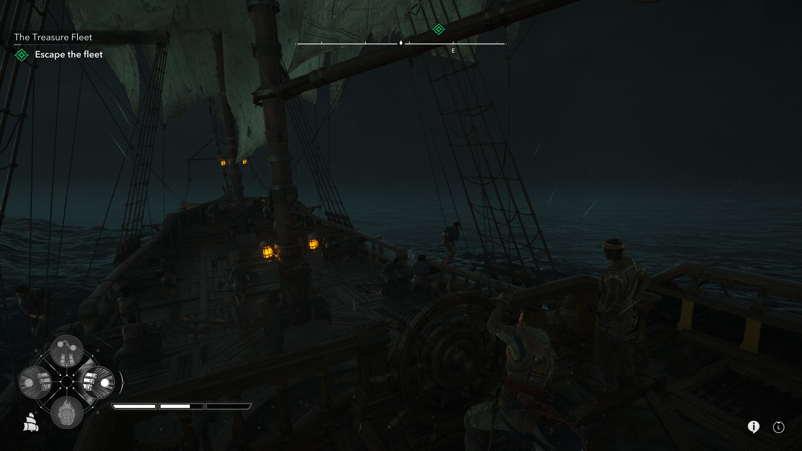Un navire pirate navigue de nuit dans Assassin's Creed Black Flag Resynced, avec l'objectif 'Escape the fleet' affiché à l'écran.