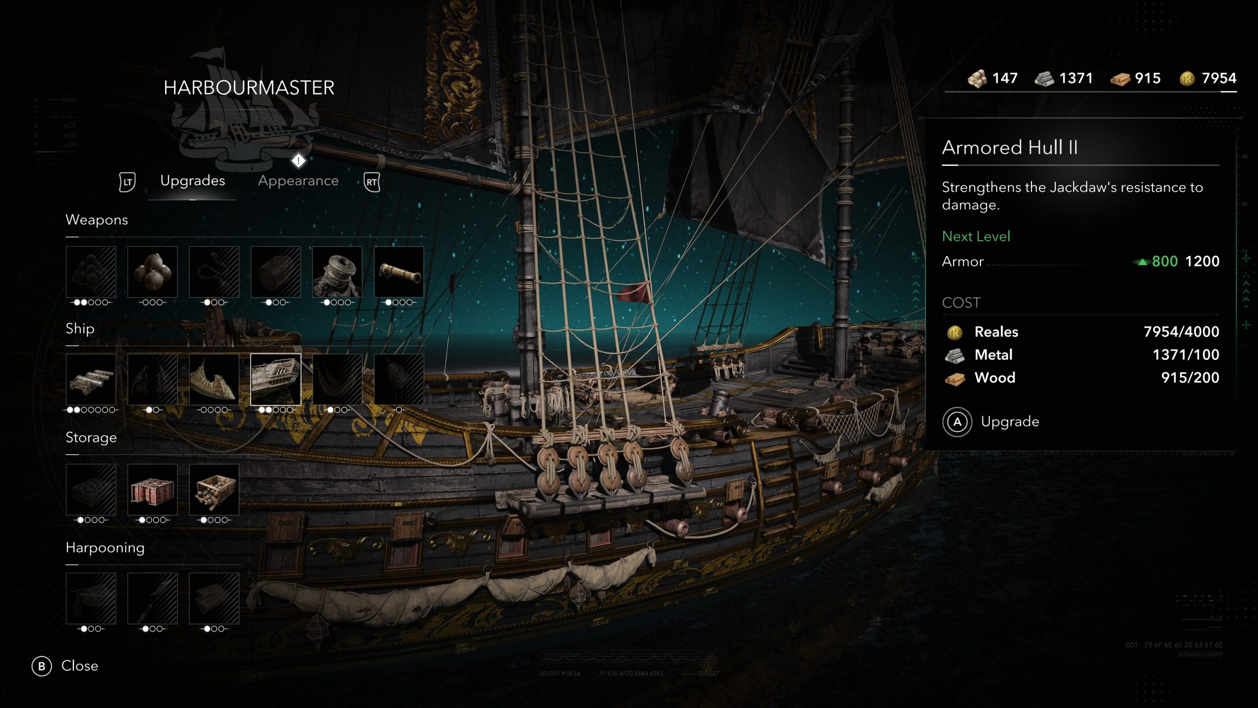 Le jeu 'Assassin's Creed Black Flag Resynced' montre le menu du Maître du port avec des options d'amélioration du navire et l'amélioration 'Coque blindée II'.