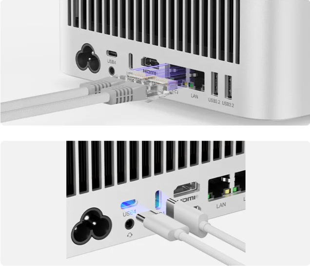 Un gros plan sur les ports arrière d'un mini PC avec les mentions 'USB-4', 'USB-C', 'HDMI', 'LAN' et 'USB3.2'.