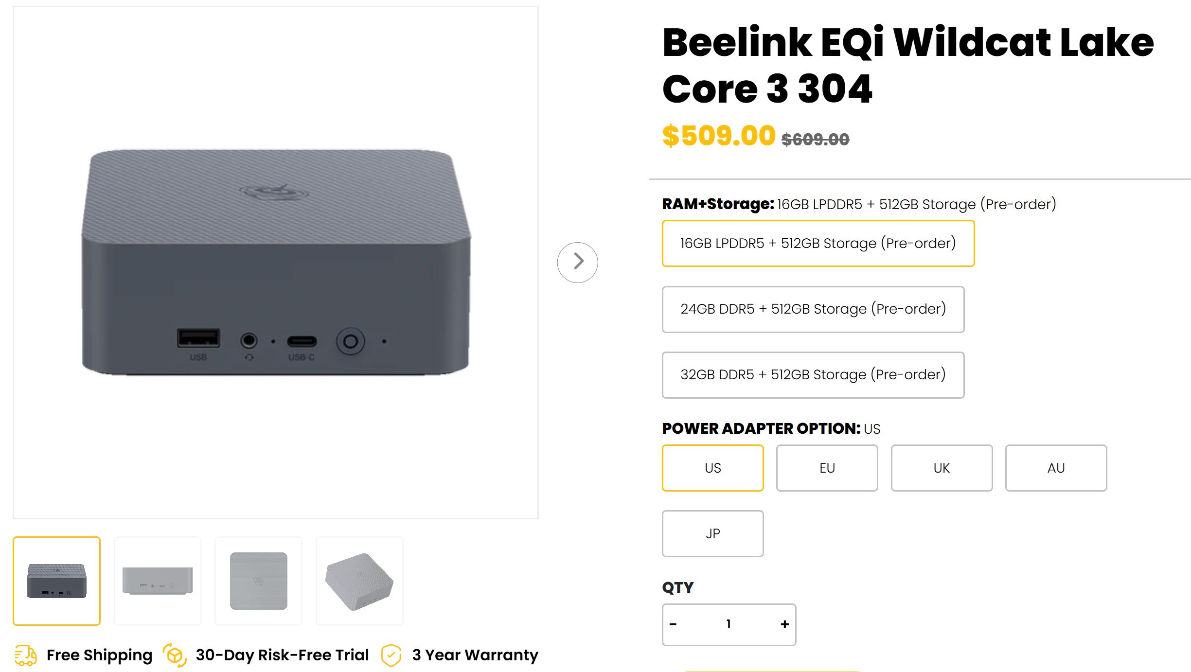 Le Beelink EQi Wildcat Lake Core 3 304 est présenté avec un prix de 509,00 € et plusieurs options de configuration de RAM et de stockage disponibles en précommande.
