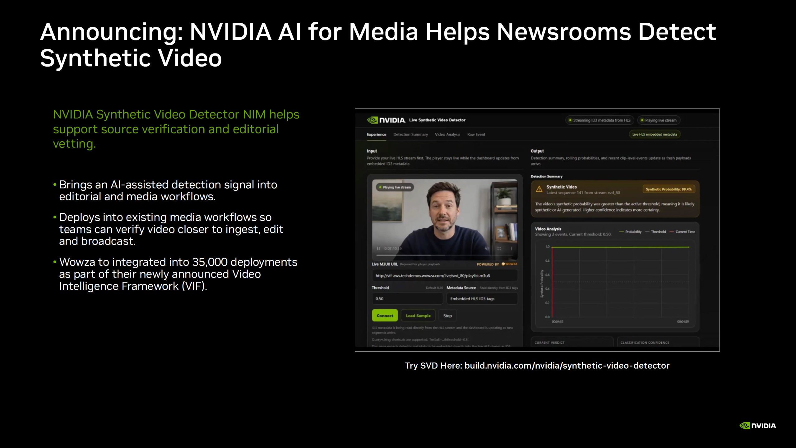 Une diapositive de présentation intitulée 'Annonce : NVIDIA AI for Media aide les rédactions à détecter les vidéos synthétiques' montrant l'interface du détecteur NVIDIA avec une analyse indiquant une probabilité de 99,9% que la vidéo soit synthétique.