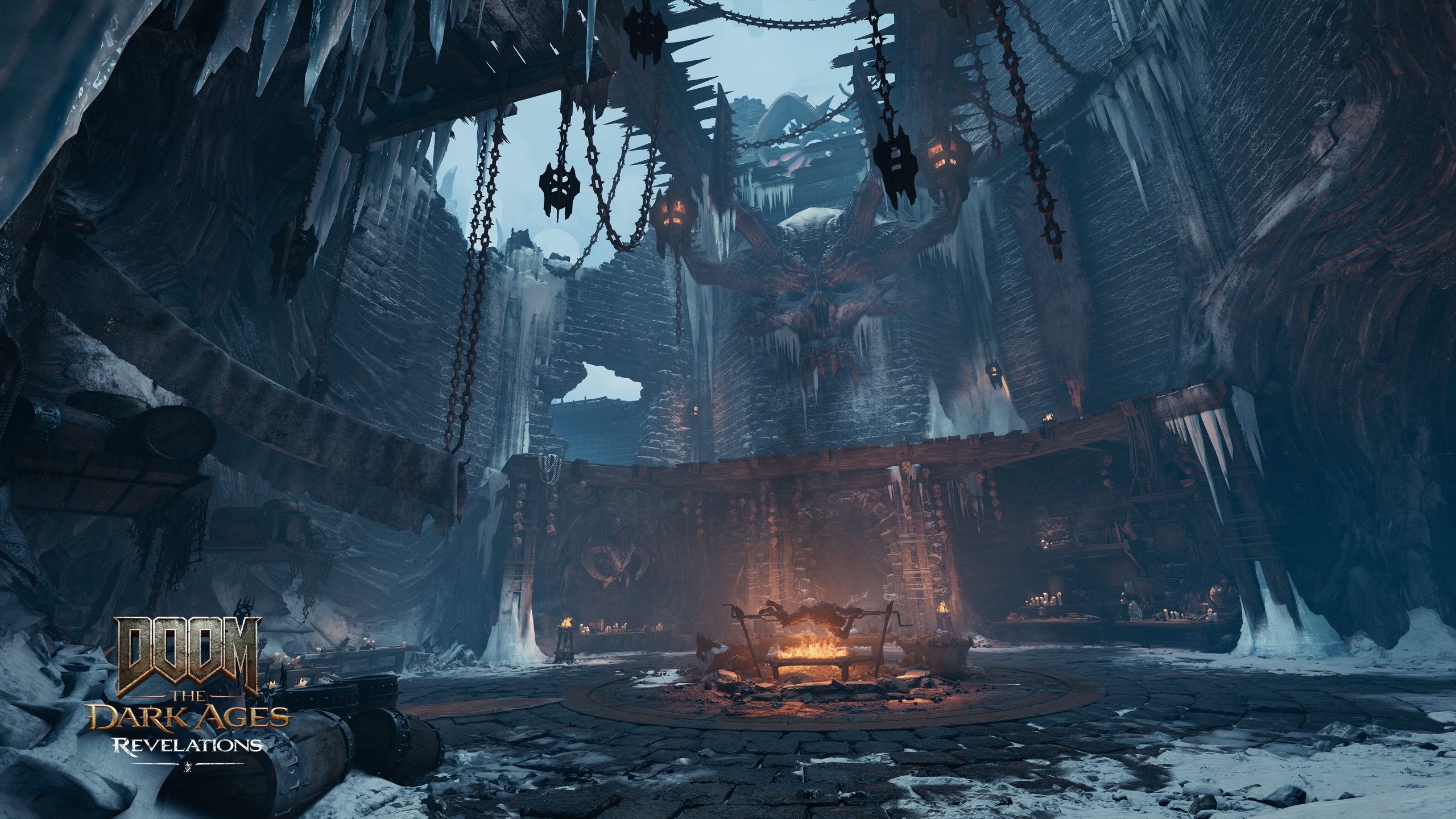 Une scène de donjon médiéval enneigé du jeu 'Doom: The Dark Ages - Revelations' avec des structures glacées, des chaînes et un foyer central.
