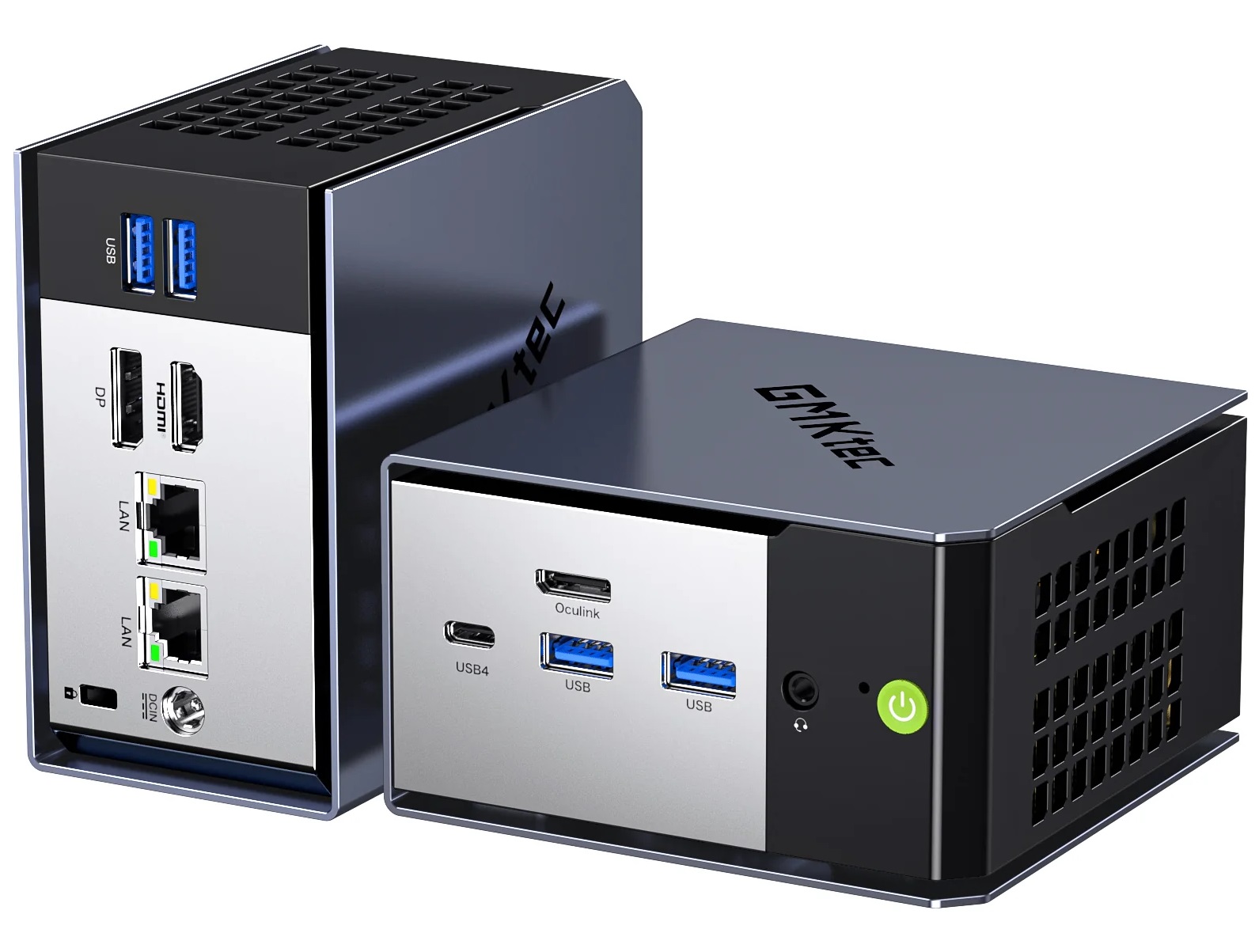 Deux mini PC GMKtec compacts avec ports USB, HDMI, DP, LAN et USB4, bouton d'alimentation et grilles de ventilation visibles.