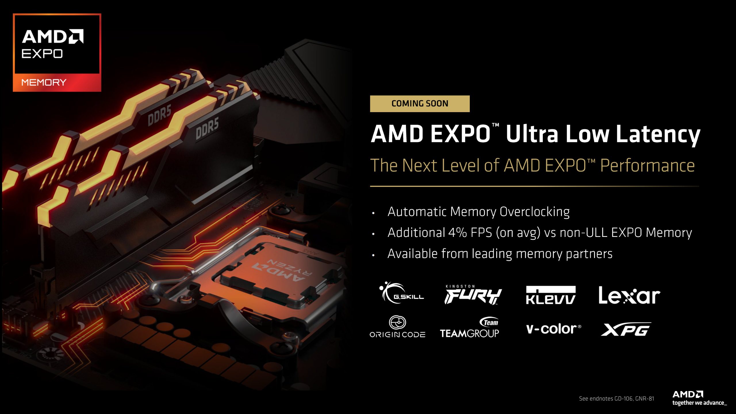 Modules mémoire AMD EXPO avec une mise en avant de la technologie Ultra Low Latency.