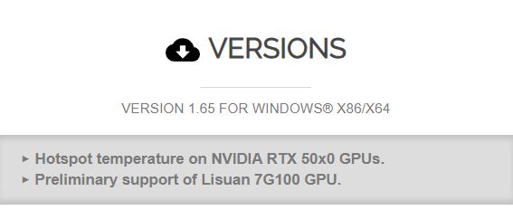 L'image montre la version 1.65 du logiciel pour Windows x86/x64, mettant en avant le support des températures Hotspot pour les GPU NVIDIA RTX 50x0.