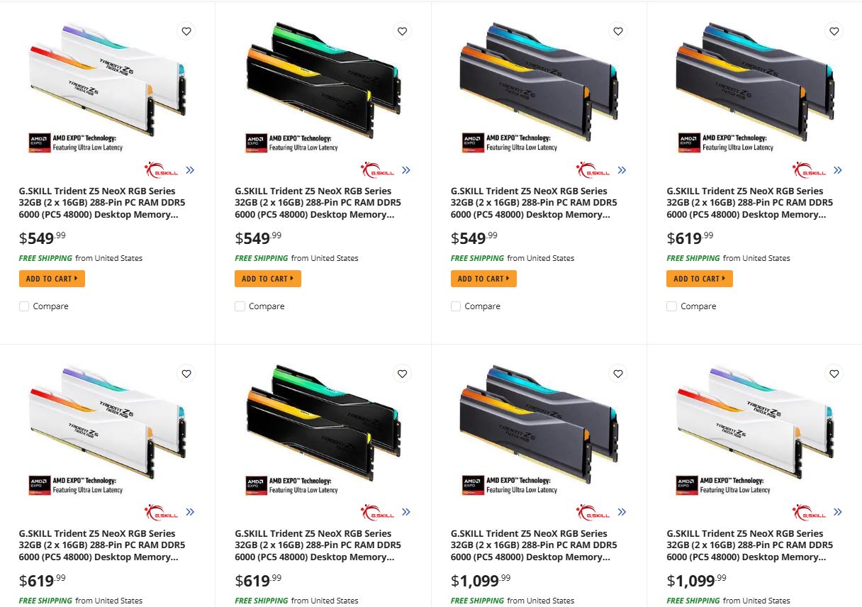 Plusieurs kits G.SKILL Trident Z5 NeoX RGB Series 32GB (2 x 16GB) DDR5 6000, affichant les prix de 549,99 $ à 1 099,99 $, avec la mention 'AMD EXPO Technology' et 'FREE SHIPPING'.