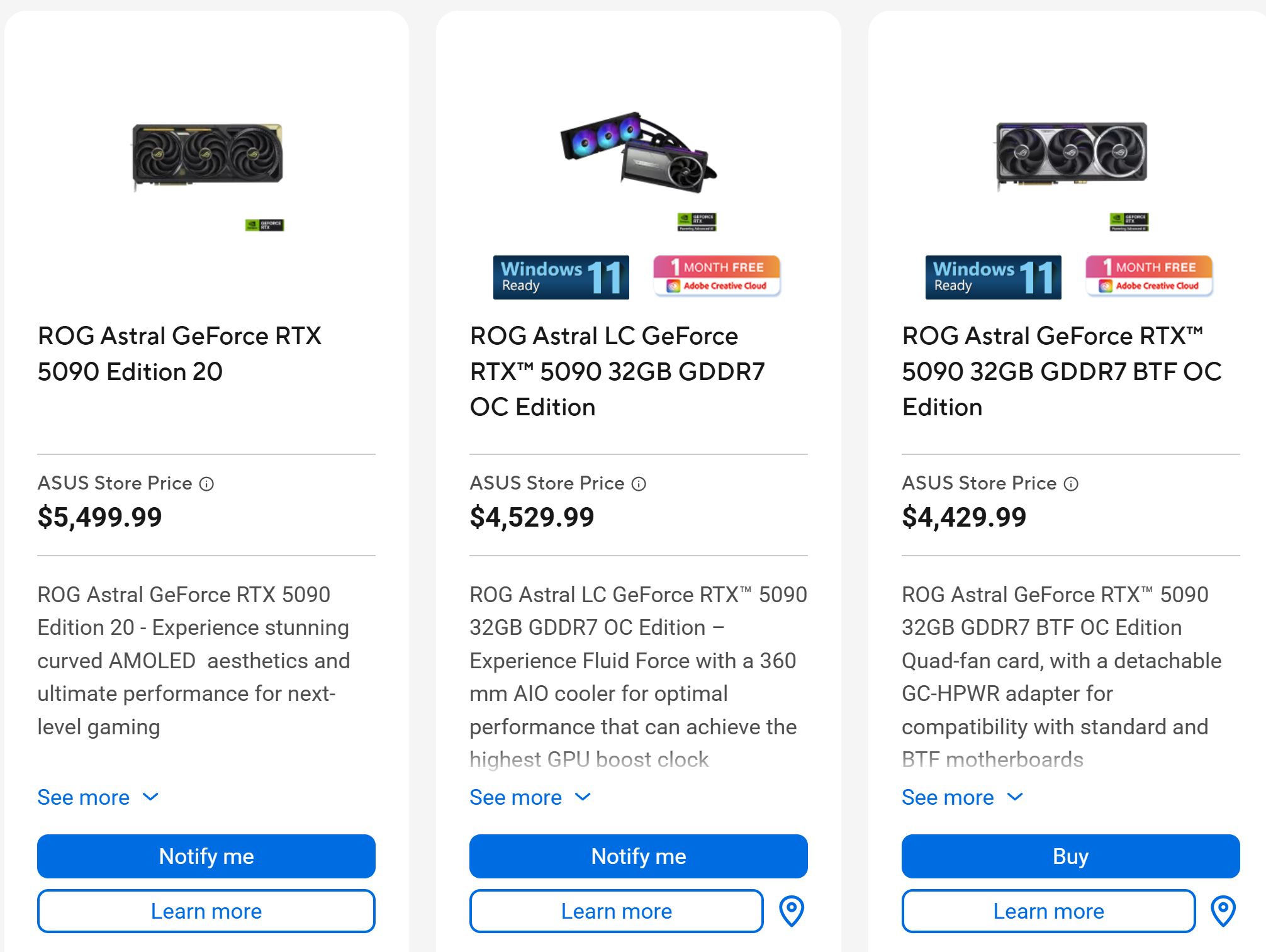 Comparaison de trois modèles de cartes graphiques ASUS ROG Astral GeForce RTX 5090. Les prix sont indiqués : 5499.99 euros pour l'Edition 20, 4529.99 euros pour la LC 32GB GDDR7 OC Edition, et 4429.99 euros pour la BTF OC Edition. L'offre mentionne une compatibilité Windows 11 et '1 MOIS GRATUIT Adobe Creative Cloud'.
