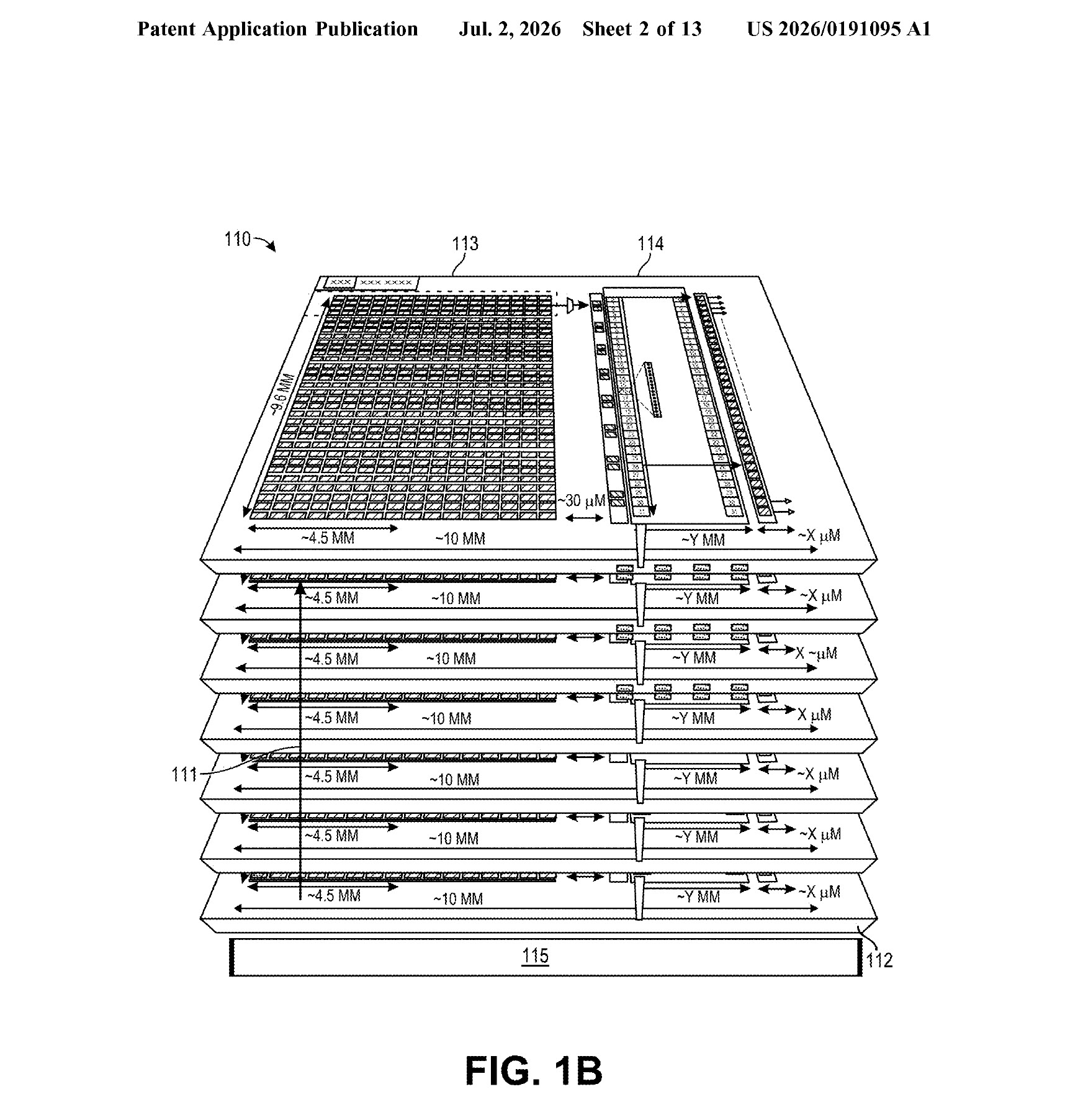 Un diagramme extrait d'un brevet d'Intel montrant la structure en couches de la mémoire XBM avec des dimensions clés.
