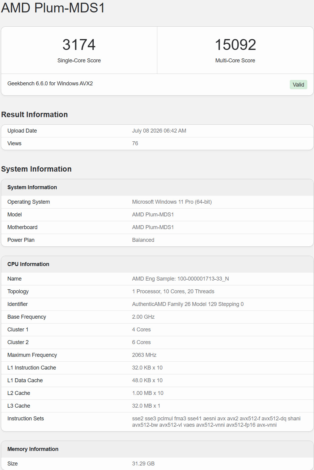 Les résultats du benchmark Geekbench 6.6.0 pour l'AMD Plum-MDS1 sous Windows AVX2 montrent un score mono-coeur de 3174 et un score multi-coeurs de 15092.
