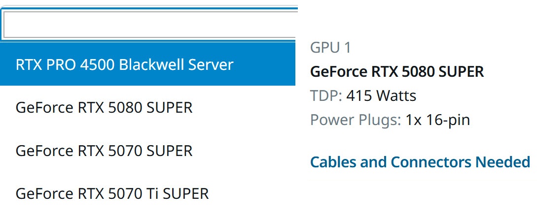 Capture d'écran du calculateur Seasonic montrant les entrées pour les GeForce RTX 5080 SUPER, RTX 5070 SUPER et RTX 5070 Ti SUPER. La RTX 5080 SUPER affiche une TDP de 415 Watts et un connecteur d'alimentation 16-pin.