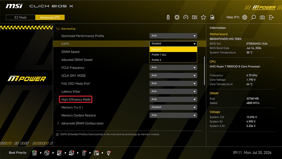 Une interface MSI Click BIOS X montre les réglages d overclocking d une carte mère B650 MPOWER avec un processeur AMD Ryzen 7 7800X3D, avec les options