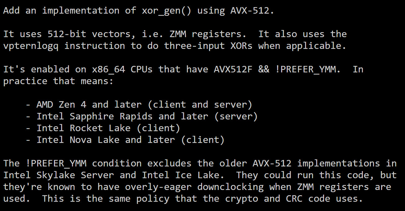 Code de la fonction xor_gen() utilisant AVX-512, supporté sur AMD Zen 4, Intel Sapphire Rapids, Rocket Lake et Nova Lake.