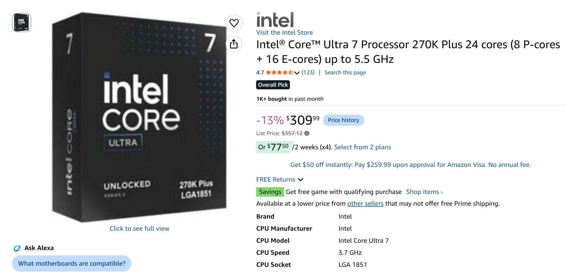 Fiche produit du processeur Intel Core Ultra 7 270K Plus à 24 cœurs et 5,5 GHz, affichant un prix.
