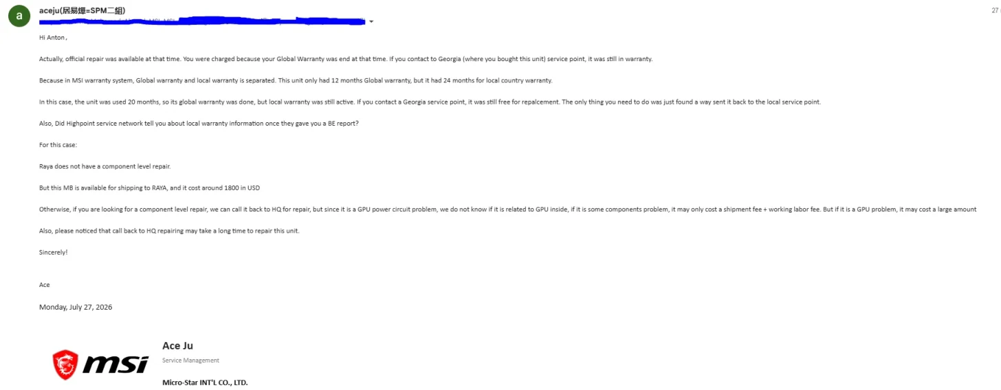 Un email d’Ace Ju, Service Management chez MSI, détaillant les détails de la garantie et les options de réparation pour un problème de circuit d’alimentation du GPU, daté du lundi 27 juillet 2026, avec le logo MSI visible.