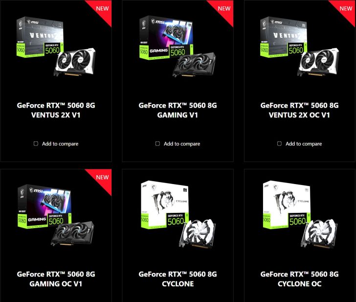 Grille présentant différents modèles de cartes graphiques MSI GeForce RTX 5060 : 'VENTUS 2X V1', 'GAMING V1', 'VENTUS 2X OC V1', 'GAMING OC V1', 'CYCLONE', et 'CYCLONE OC', chacune avec une image produit estampillée 'NOUVEAU'.