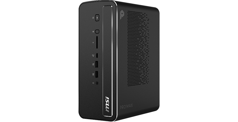 Le MSI PRO MAX EDGE AI+ mini PC avec ports USB avant et bouton d’alimentation.