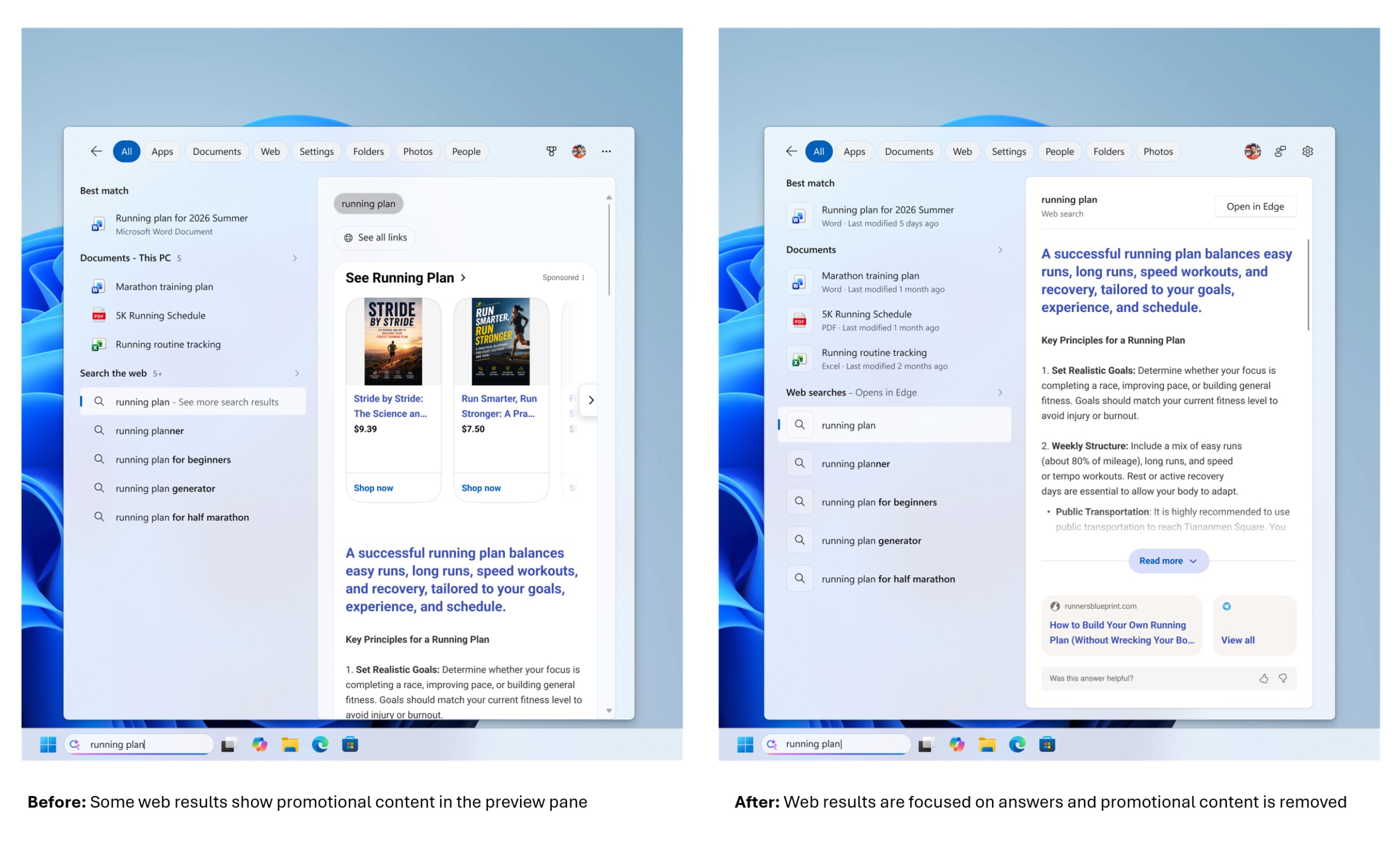 Une comparaison de deux fenêtres de résultats de recherche montre à gauche un contenu promotionnel sous 'See Running Plan', tandis que la partie droite se concentre sur des informations sans publicité.