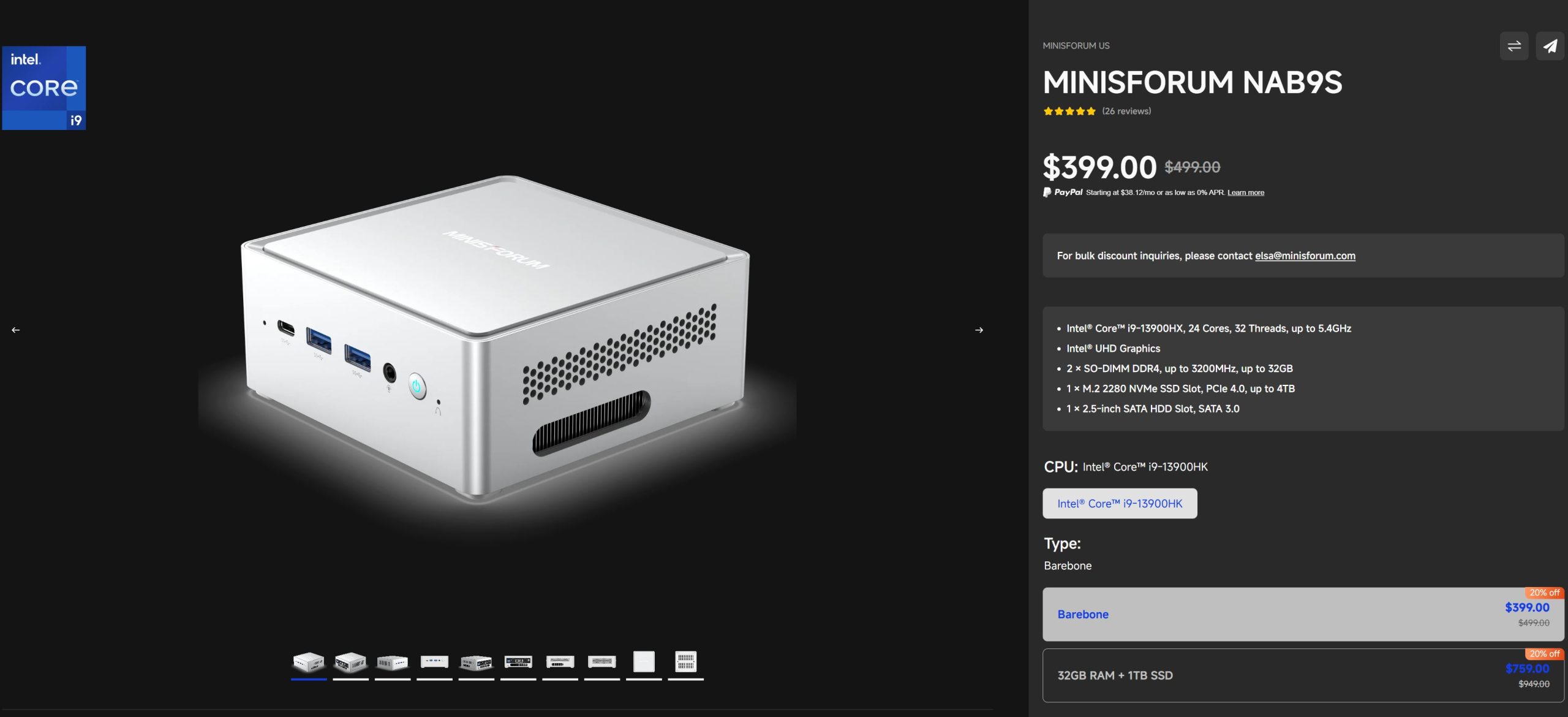 Image présentant le prix et la fiche technique du MINISFORUM NAB9S avec le processeur Intel Core i9-13900HX.