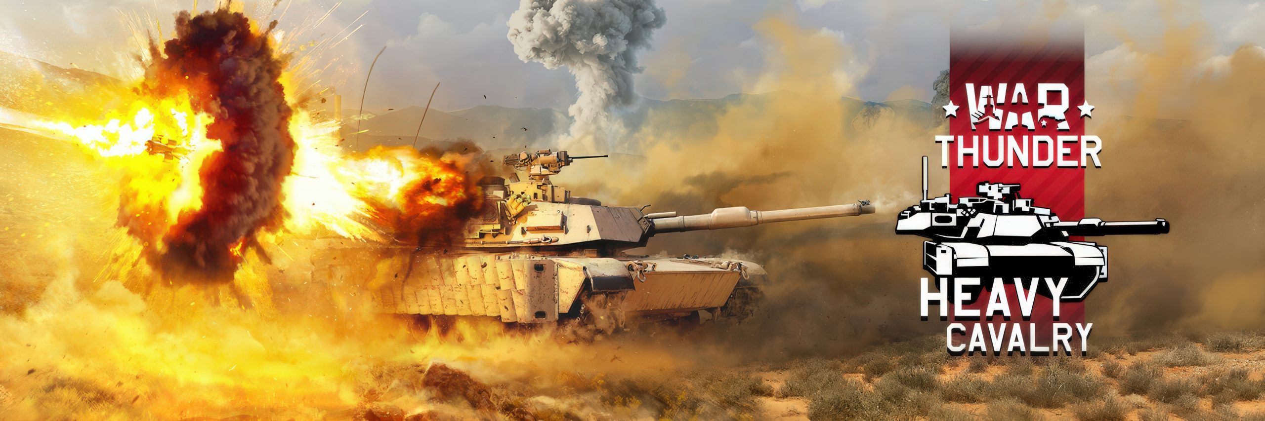 Un char tire pendant une explosion dans le jeu 'War Thunder : Heavy Cavalry', avec le titre du jeu bien visible.