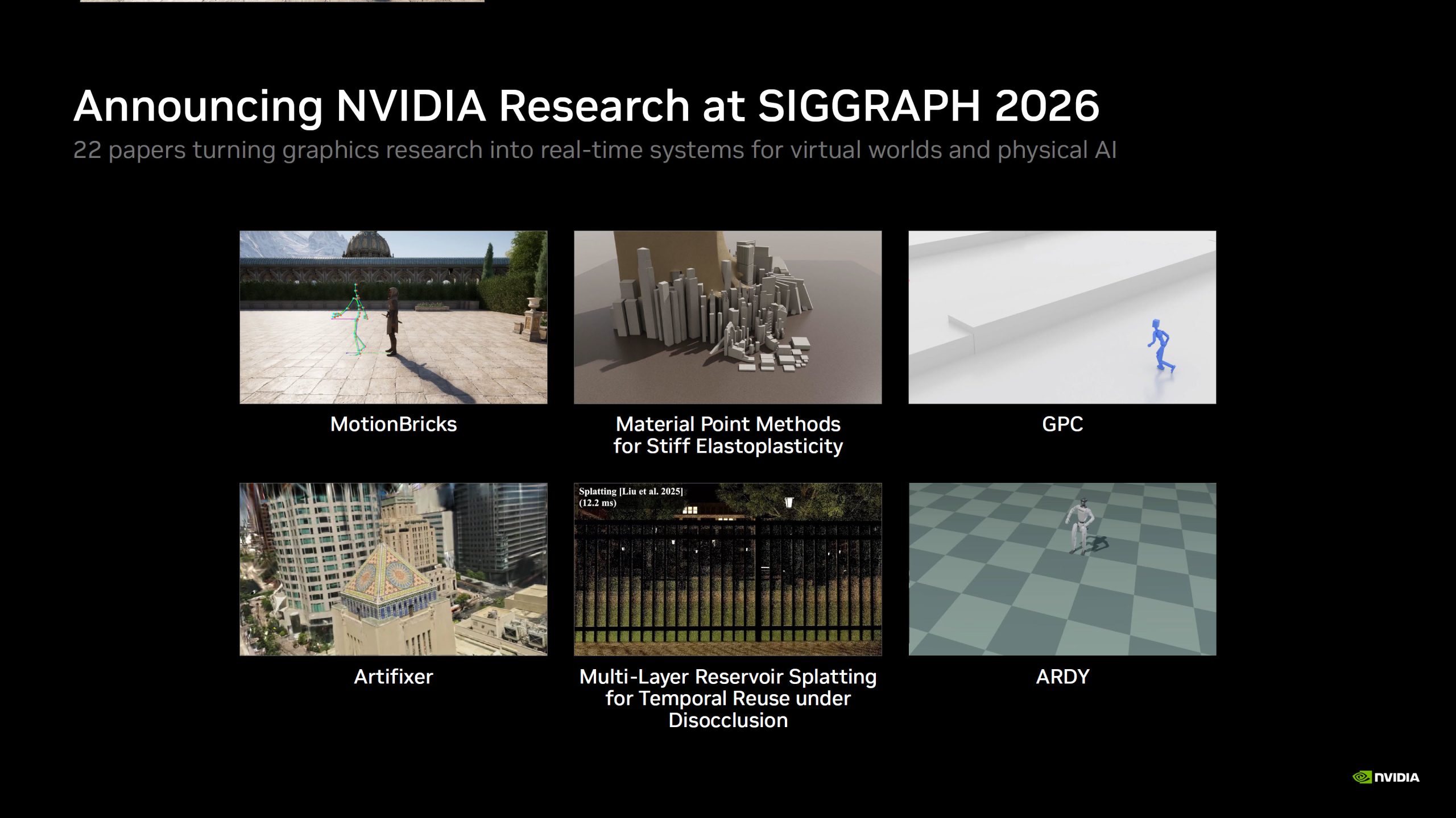 Une diapositive intitulée 'Announcing NVIDIA Research at SIGGRAPH 2026' présente les visuels de six projets de recherche.