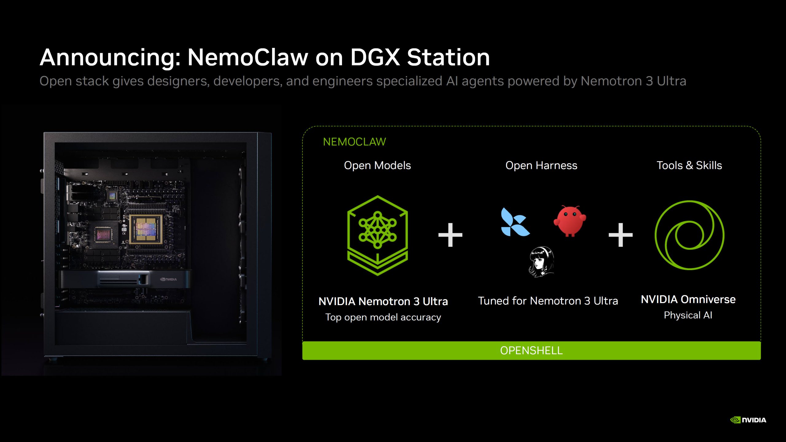 Une diapositive de présentation intitulée 'Annonce : NemoClaw sur DGX Station' présente le NVIDIA Nemotron 3 Ultra pour les modèles ouverts et NVIDIA Omniverse pour les outils et compétences.
