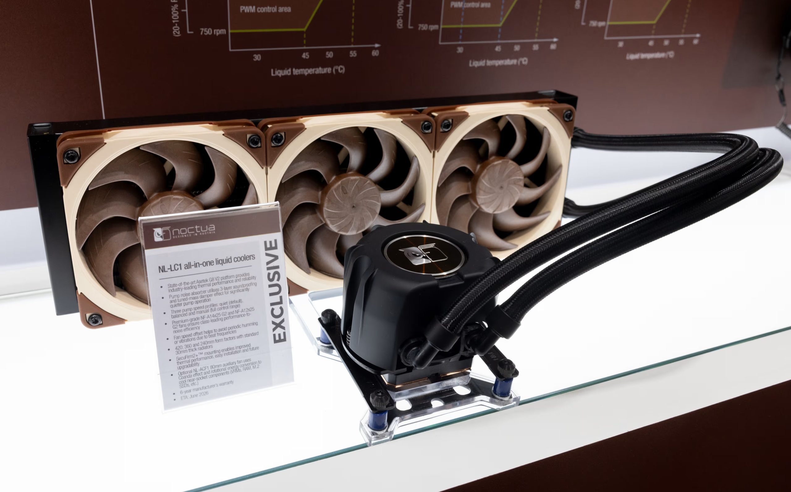 Un refroidisseur tout-en-un liquide Noctua NL-LC1 avec trois ventilateurs, présenté avec une pancarte indiquant 'EXCLUSIVE'.