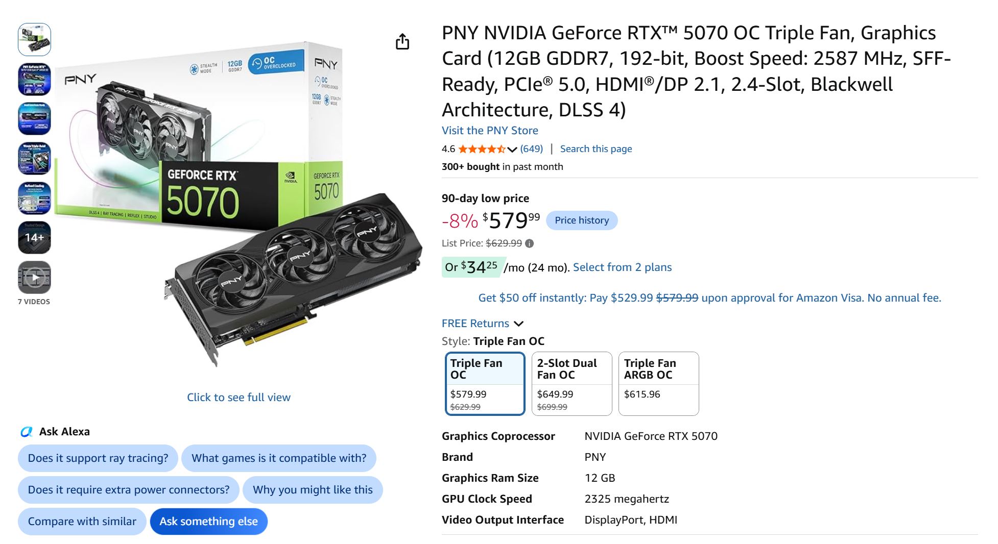 La carte graphique PNY NVIDIA GeForce RTX 5070 OC Triple Fan, affichée au prix de 579€. Elle dispose de 12 Go de GDDR7, d'un connecteur PCIe 5.0, de ports HDMI/DP 2.1 et est compatible avec DLSS 4.