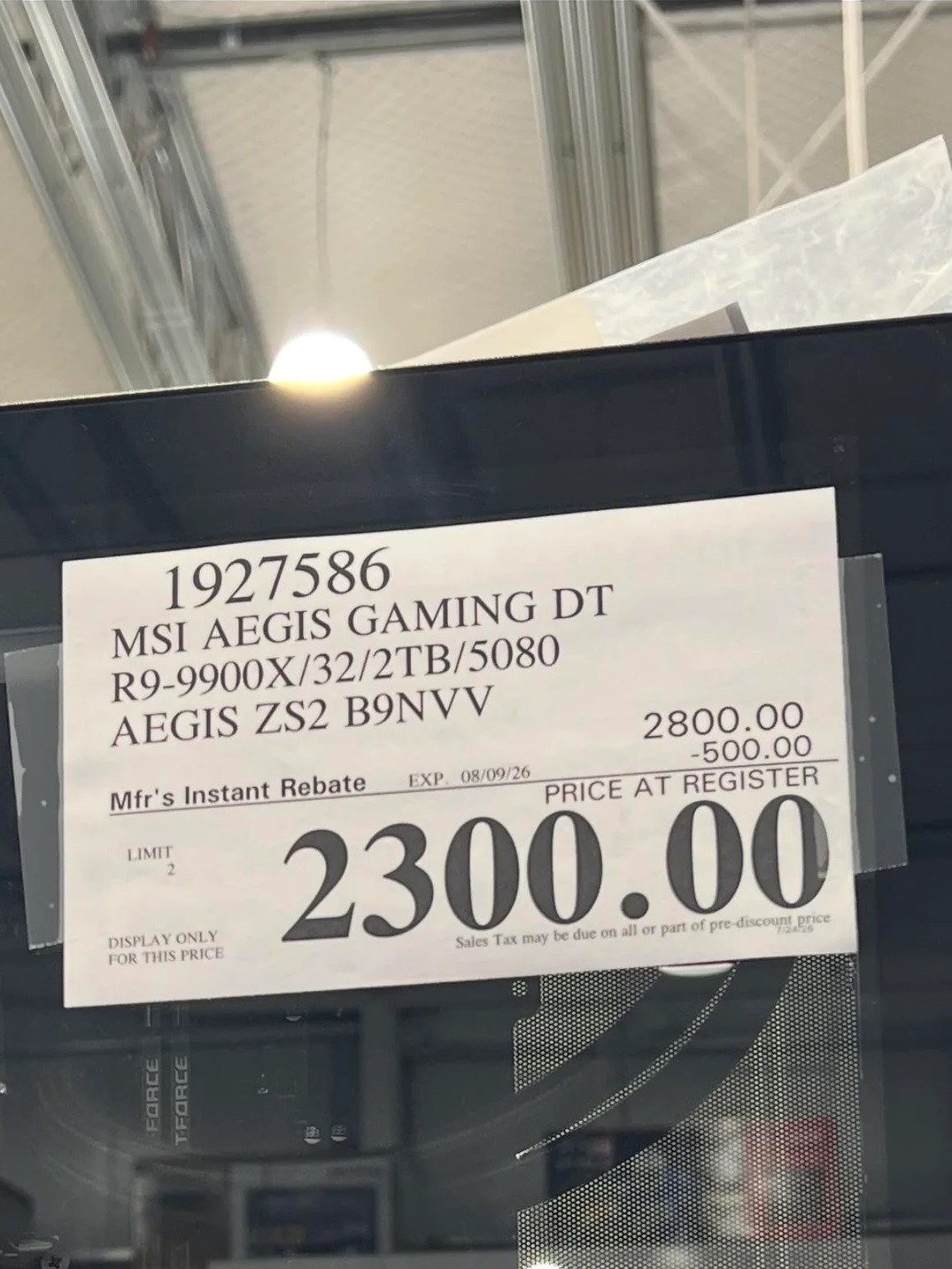 Étiquette produit affichant 'MSI Aegis Gaming DT R9-9900X/32/2TB/5080 Aegis ZS2 B9NVV' avec un prix de '2300,00€' après remise.