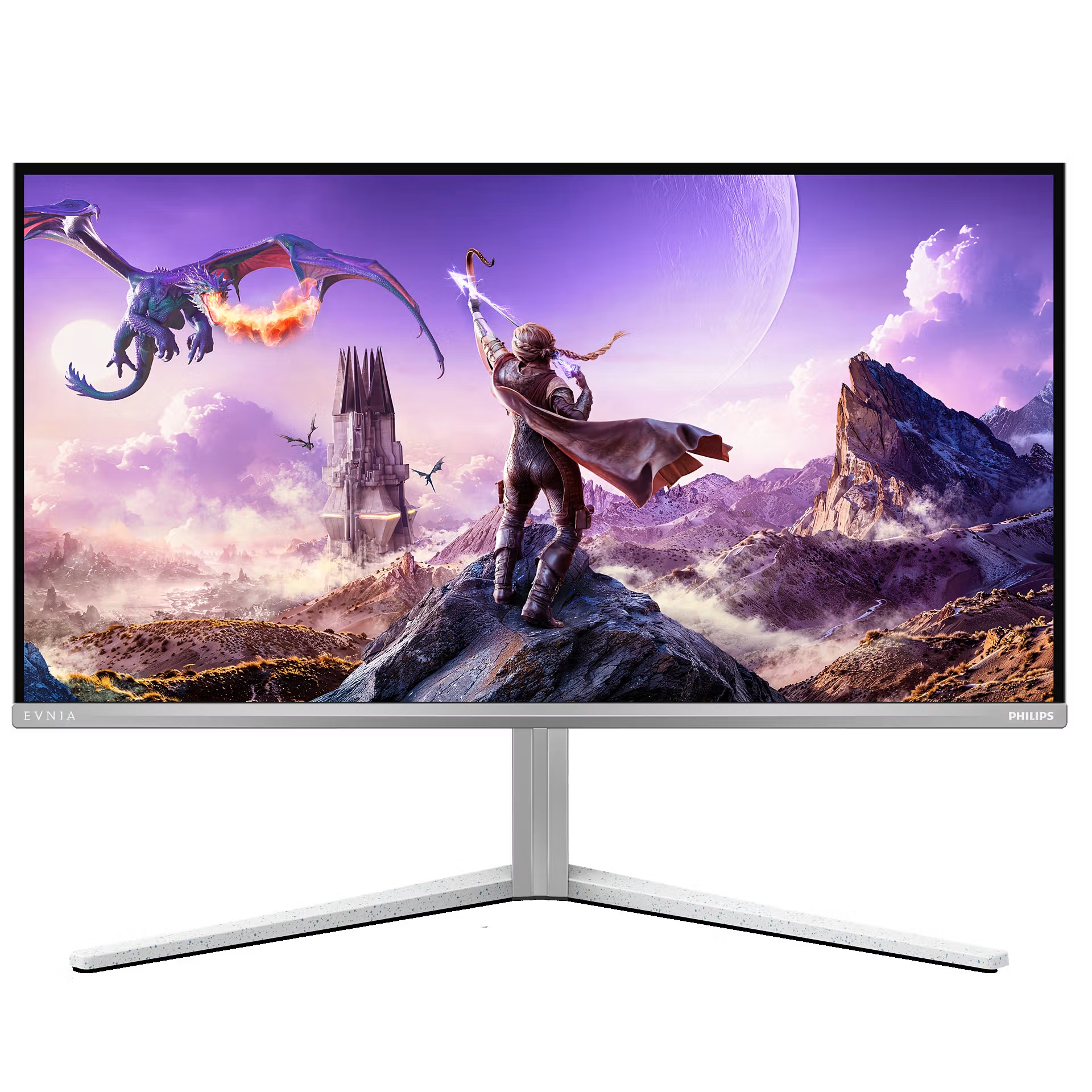 Un moniteur gaming Philips Evnia affiche une scène fantastique avec un guerrier affrontant un dragon au sommet d'une montagne.