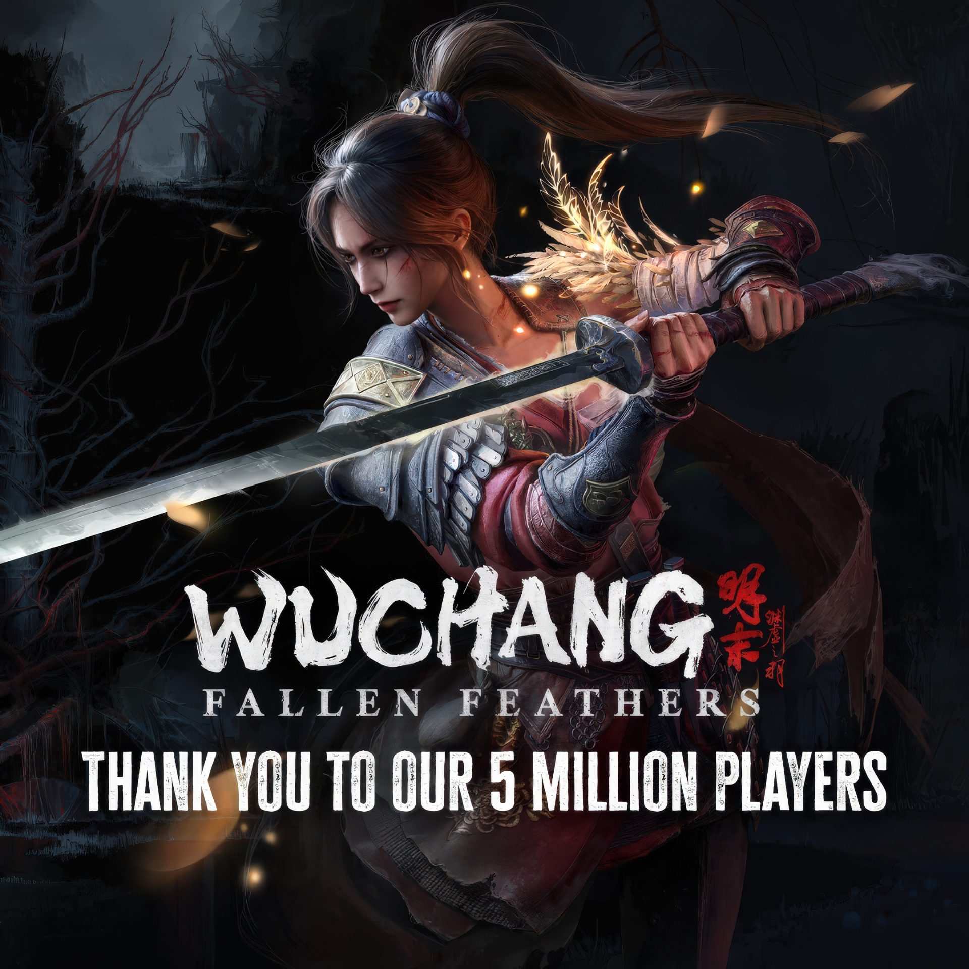 Personnage de Wuchang: Fallen Feathers tenant une épée, avec le texte : Merci à nos 5 millions de joueurs.