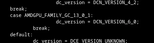 A code snippet displays different cases for 'dc_version' assignment, including 'DCN_VERSION_4_2' and 'DCN_VERSION_6_0', with a default 'DCE VERSION UNKNOWN'.