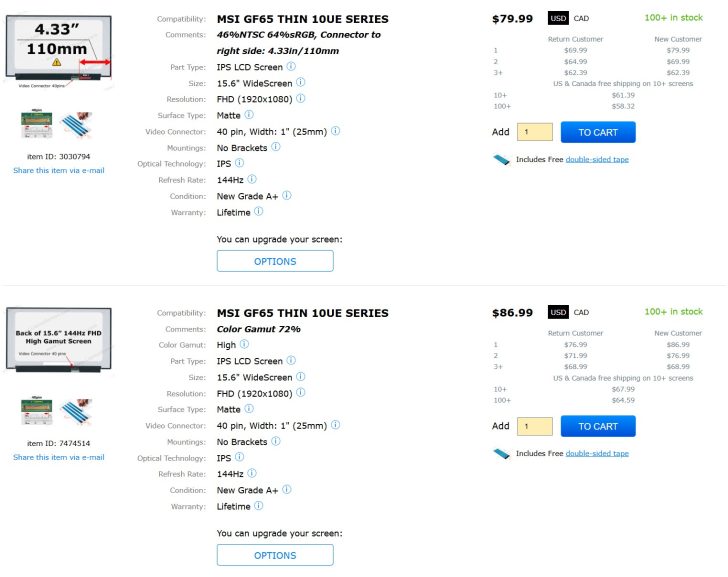 Deux annonces pour des écrans MSI GF65 THIN 10UE SERIES IPS LCD, 15.6 FHD 144 Hz, affichés à 79,99 € et 86,99 €.