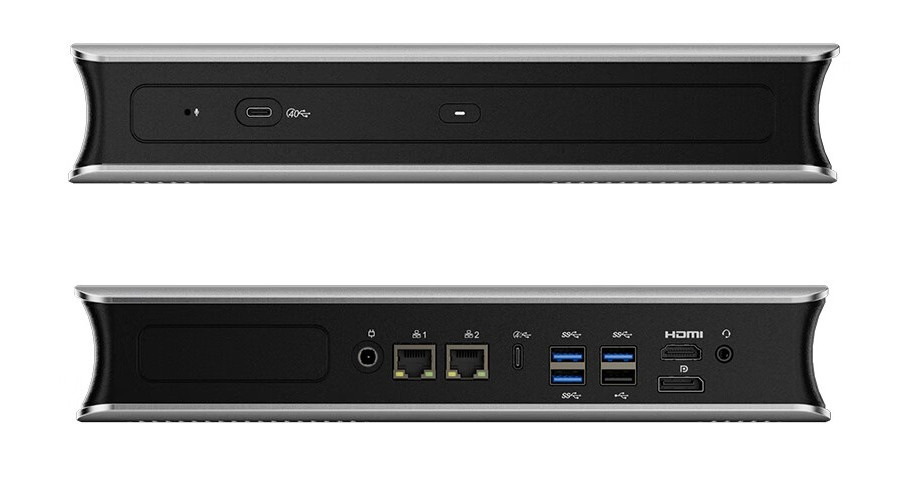 Vues avant et arrière d'un ordinateur ou serveur sans marque avec des ports étiquetés, incluant Ethernet, USB, HDMI et entrées/sorties audio.