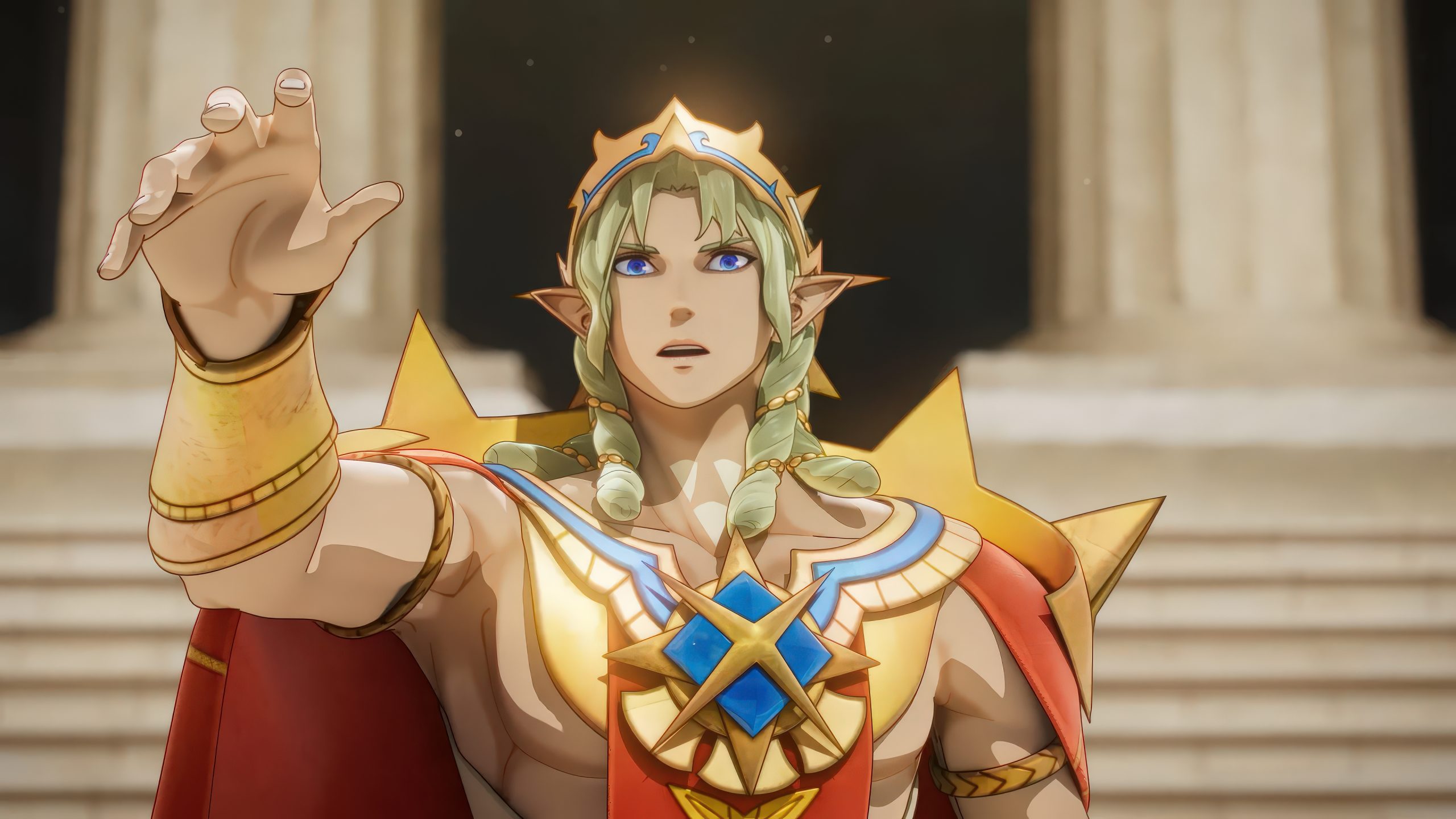 Un personnage animé aux oreilles pointues, couronne dorée et armure ornée tend la main de manière dramatique dans un cadre architectural classique.