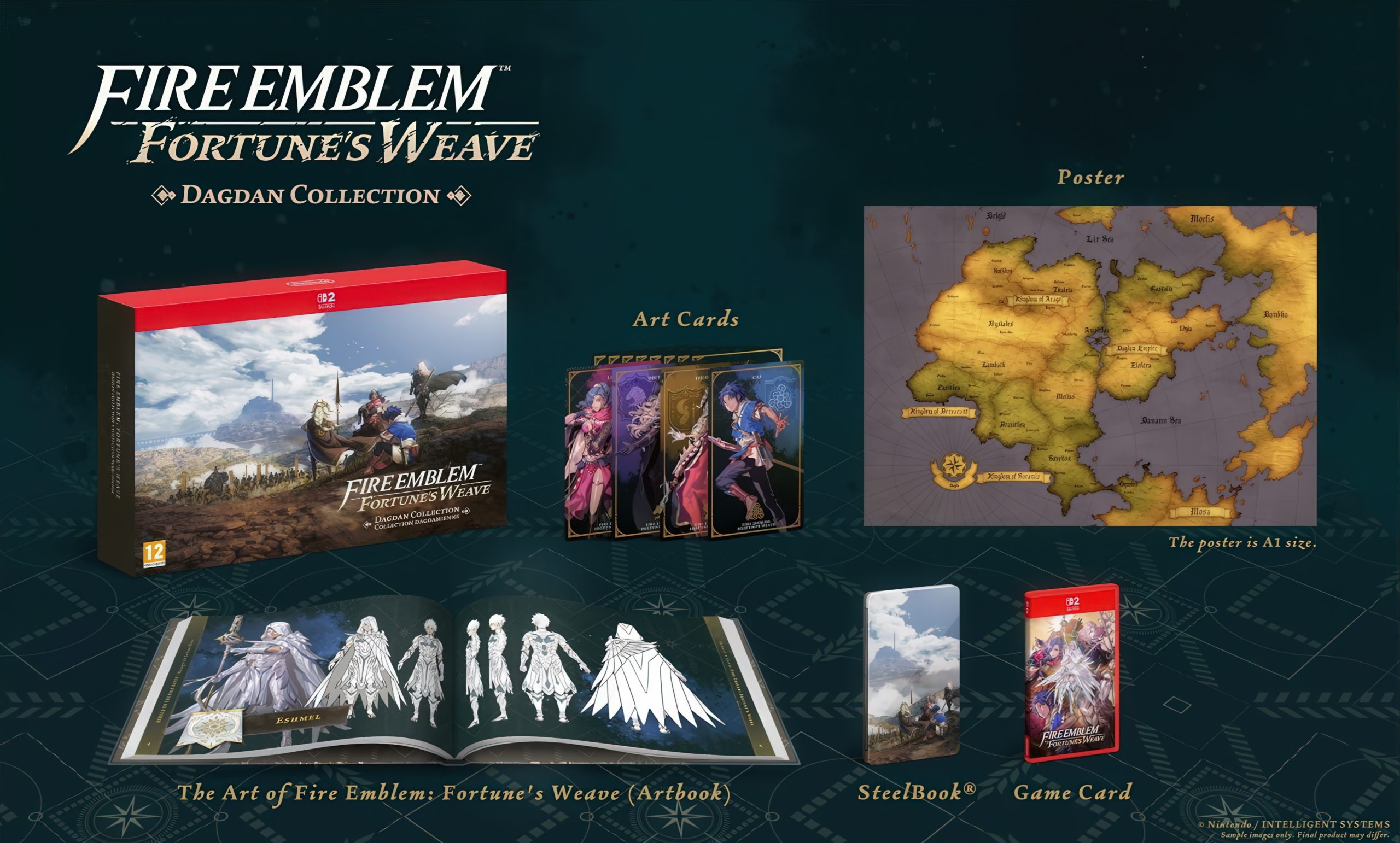 La collection Dagda de Fire Emblem: Fortune's Weave comprend des cartes d'art, un poster A1, The Art of Fire Emblem: Fortune's Weave (artbook), un SteelBook et une cartouche de jeu Nintendo Switch.