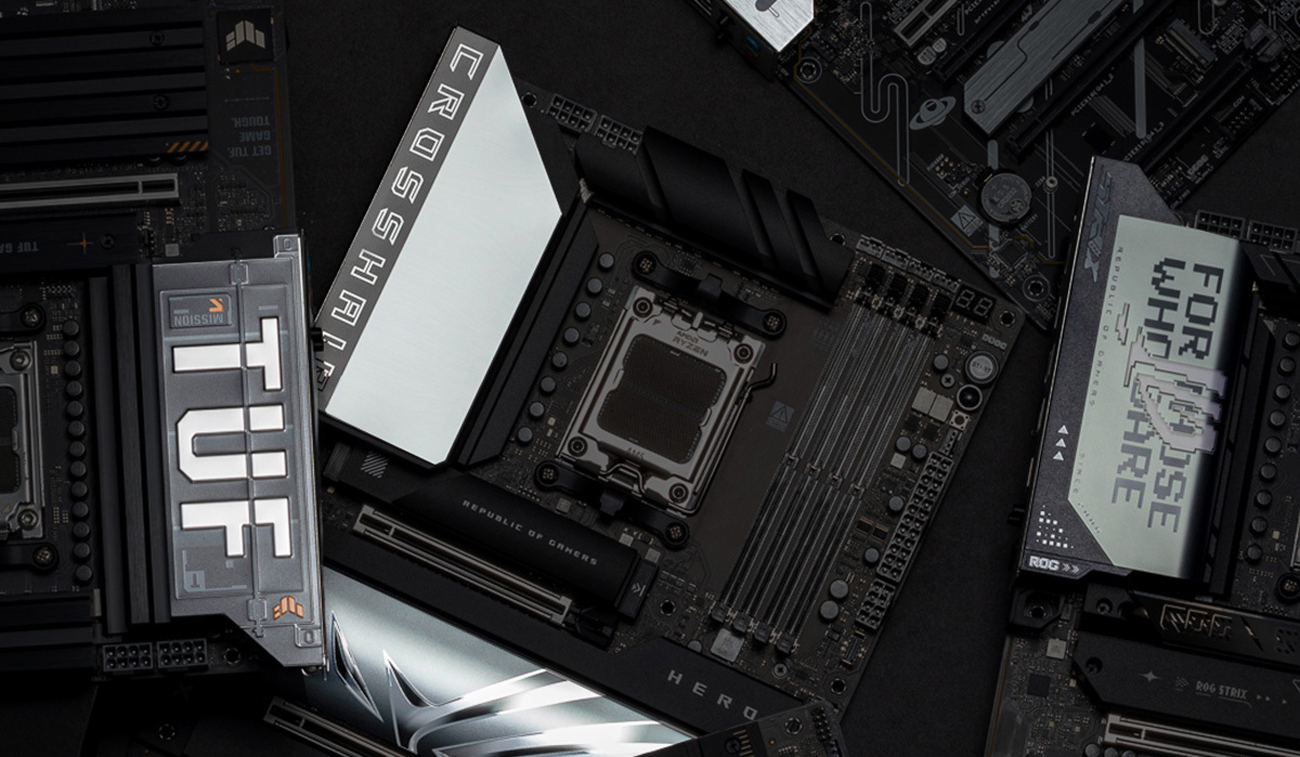 Une collection de cartes mères ASUS ROG Crosshair et TUF gaming avec un branding visible et des détails de conception complexes.